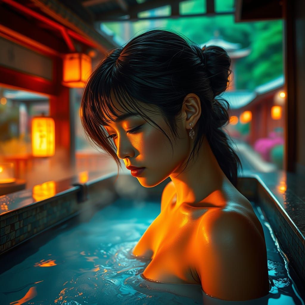 Serene Onsen Bath in Vibrant Japanese Landscape
