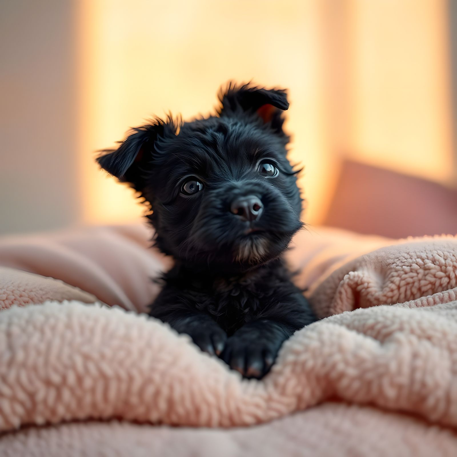 Warmly Lit Puli Puppy Gazing Up with Love and Joy