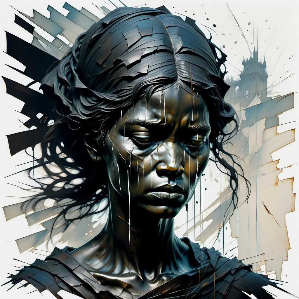Mournful Statue Woman with Cracks and Paper Flakes