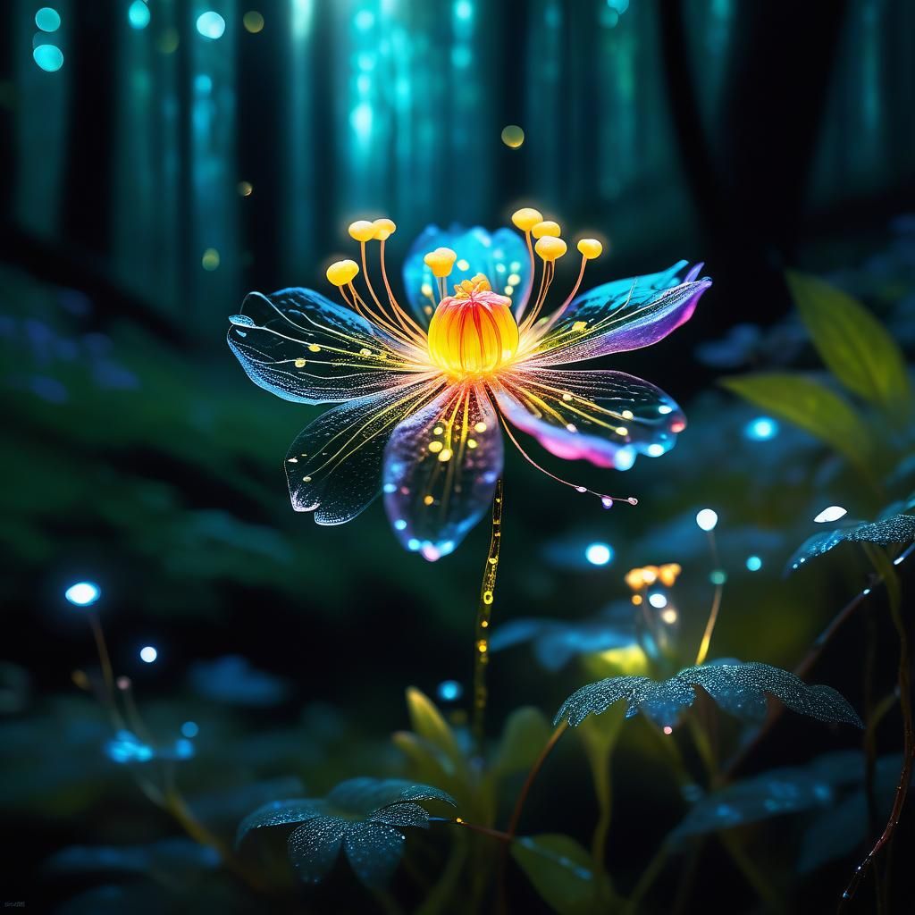 Enchanted Bioluminescent Flower in Magical Forest