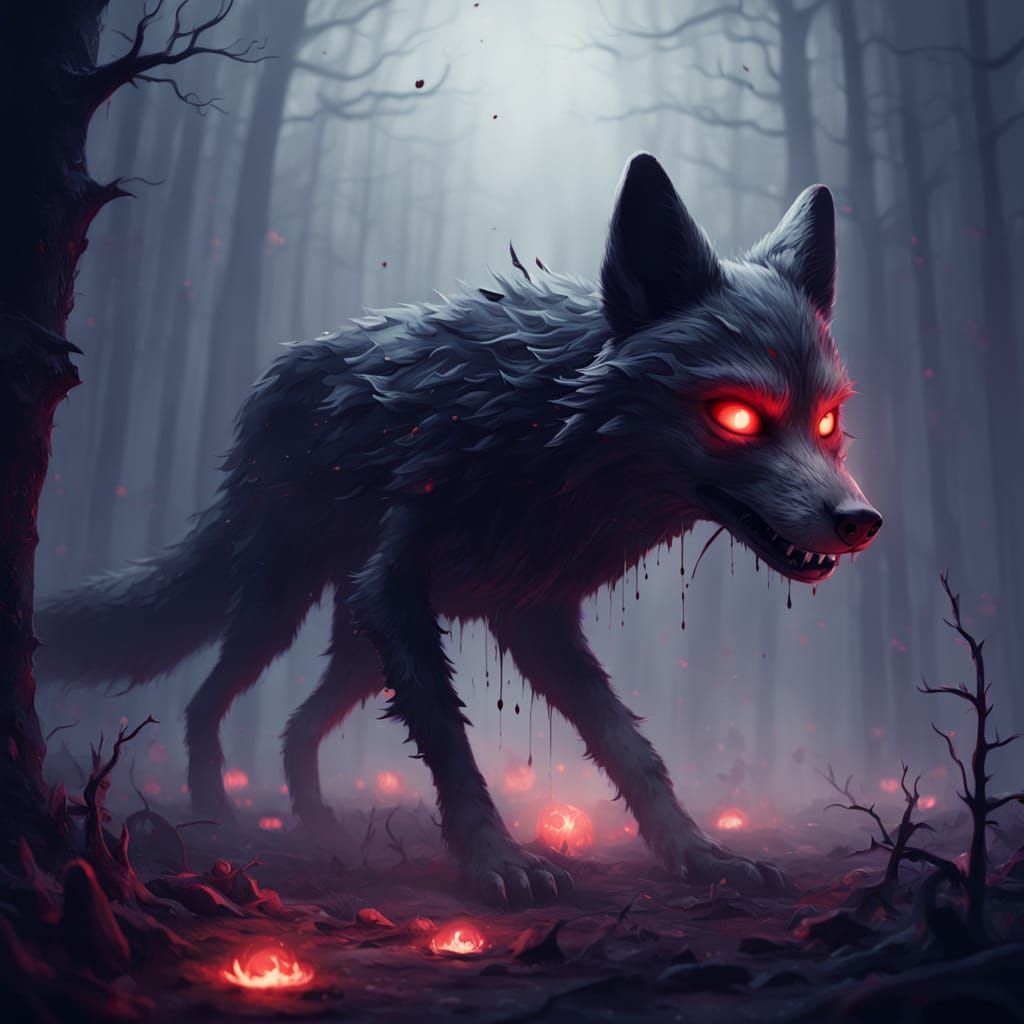 Dark Fantasy Fox in Bloody, Eerie Landscape