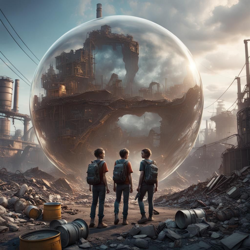 Dystopian Bubble Protects Youth in Wasteland, Digital Art