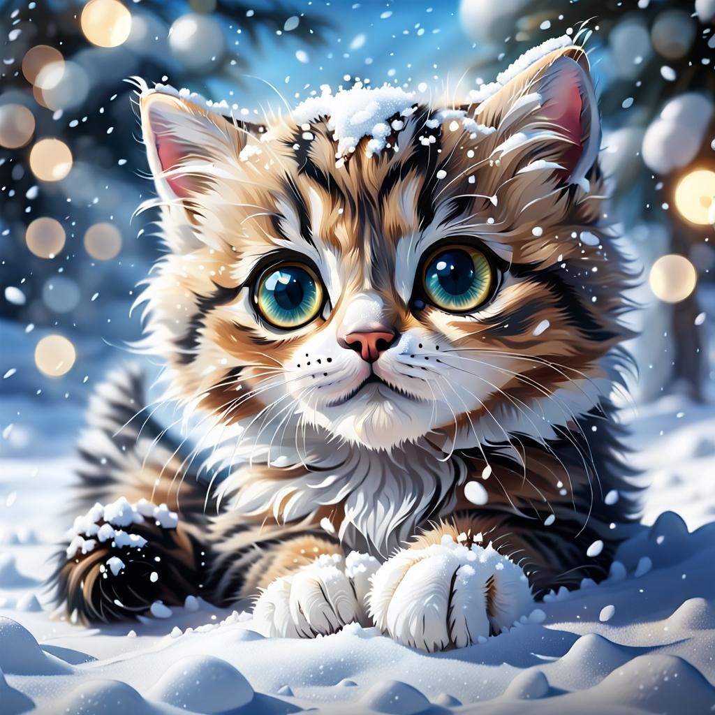 Adorable Kitten in Snowy Fantasy Landscape