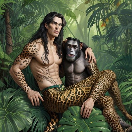 Tarzan, Jane and Cheeta in Vibrant Jungle Ink Drawing