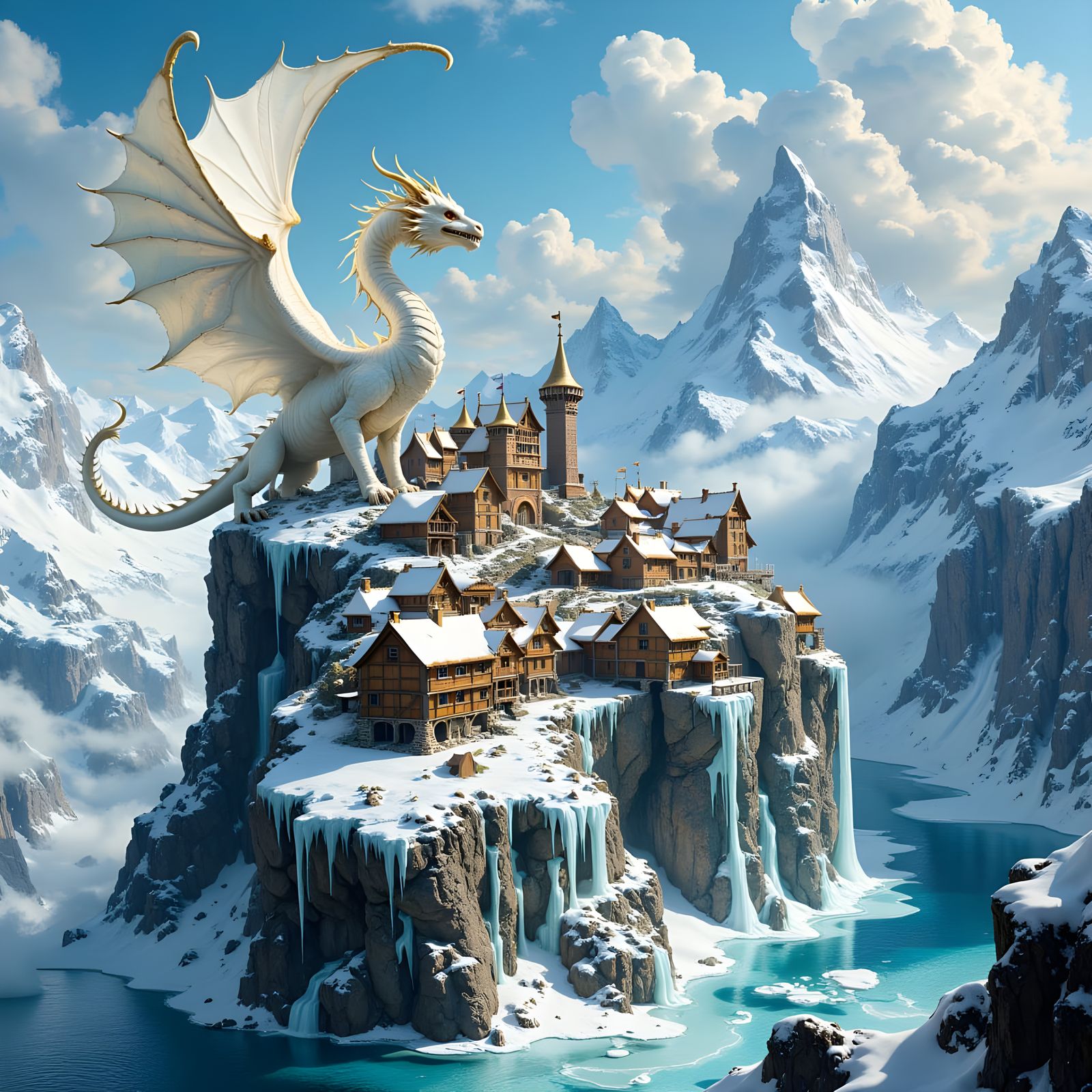 Medieval Viking Kingdom Guarded by a Regal White Dragon in a...