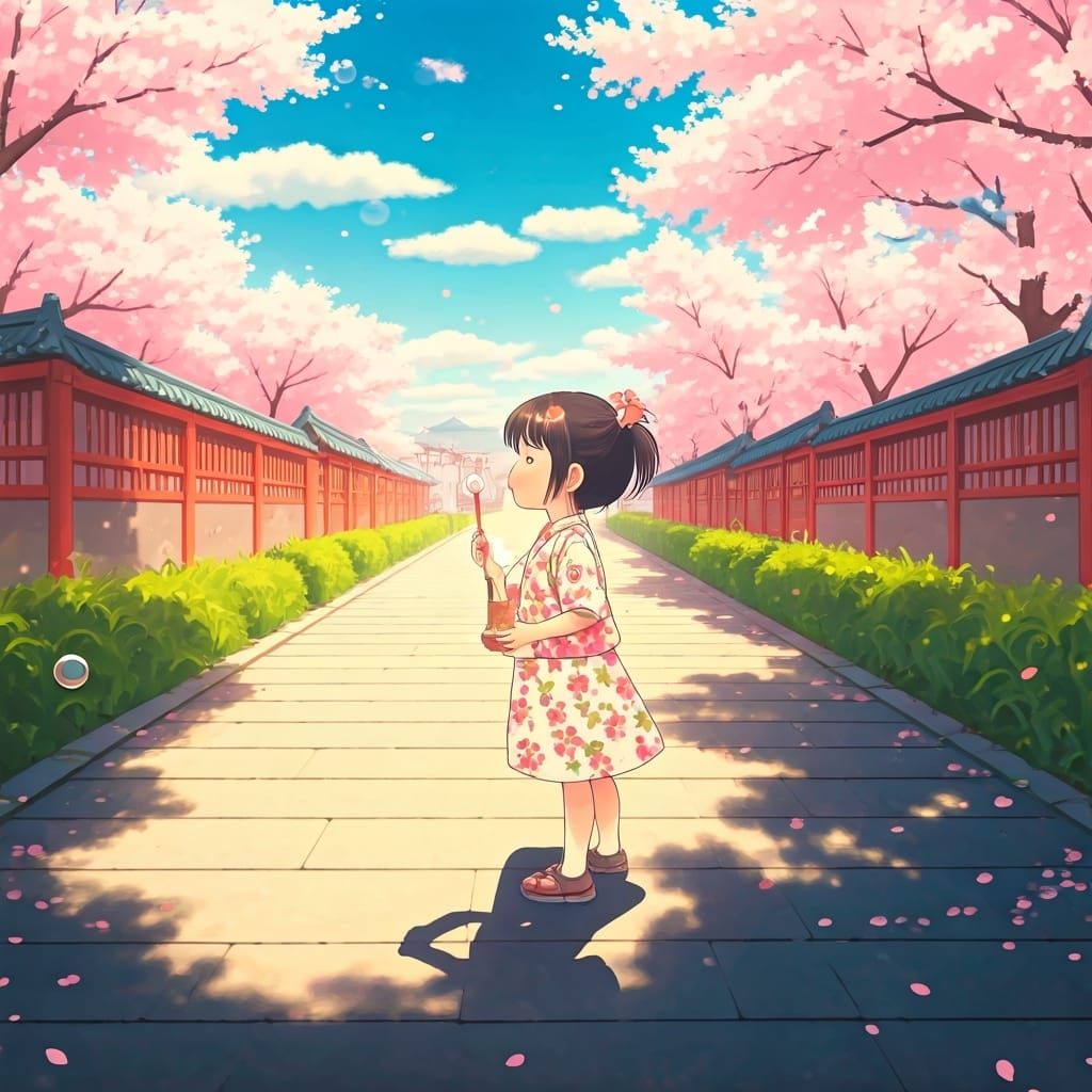 Japanese Girl Blowing Bubbles in Miyazaki Style