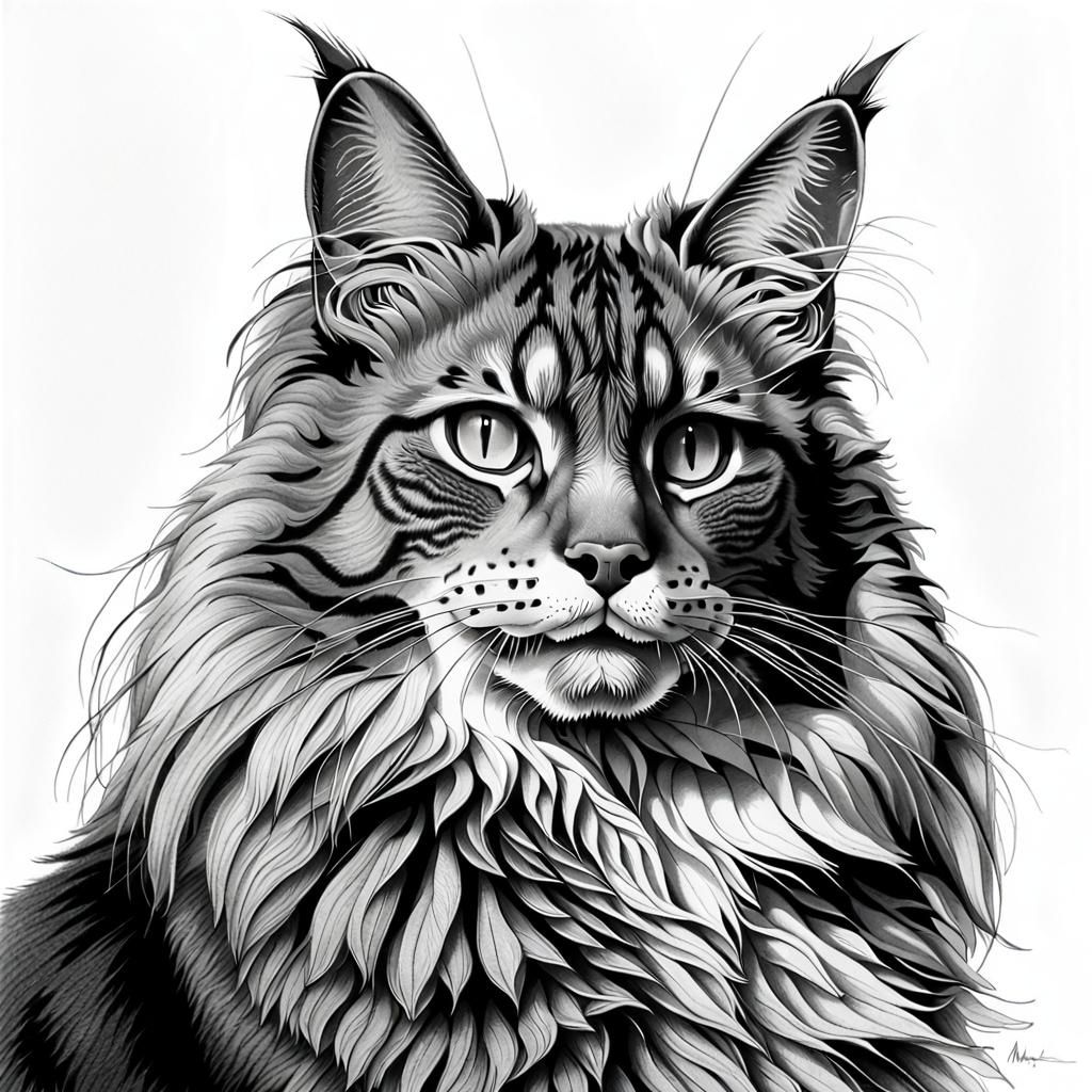 Majestic Maine Coon Cat in Stipple Art