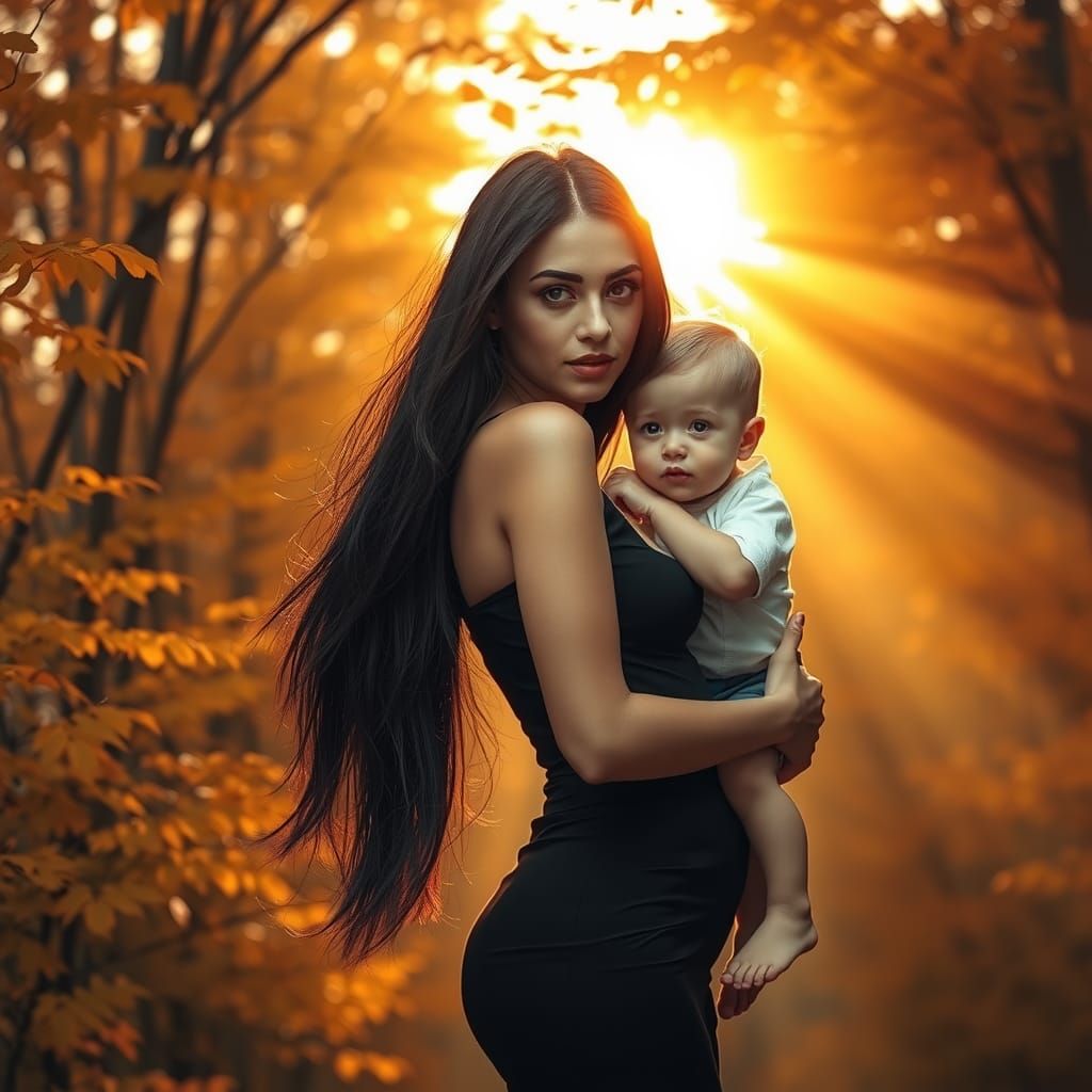 Mother and Child in Autumnal Forest