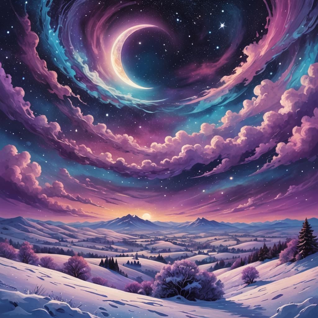 Surreal Cosmic Night Sky Over Snowy Winter Wonderland