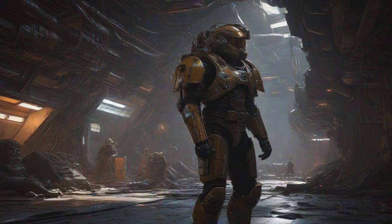 Cyberpunk Space Marine Officer Stands Vigilant Amidst Thrivi...