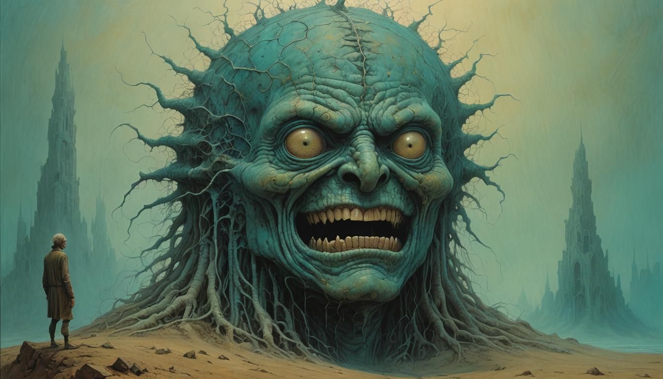 Turquoise Cell Monster Grinning, Beksiński Style