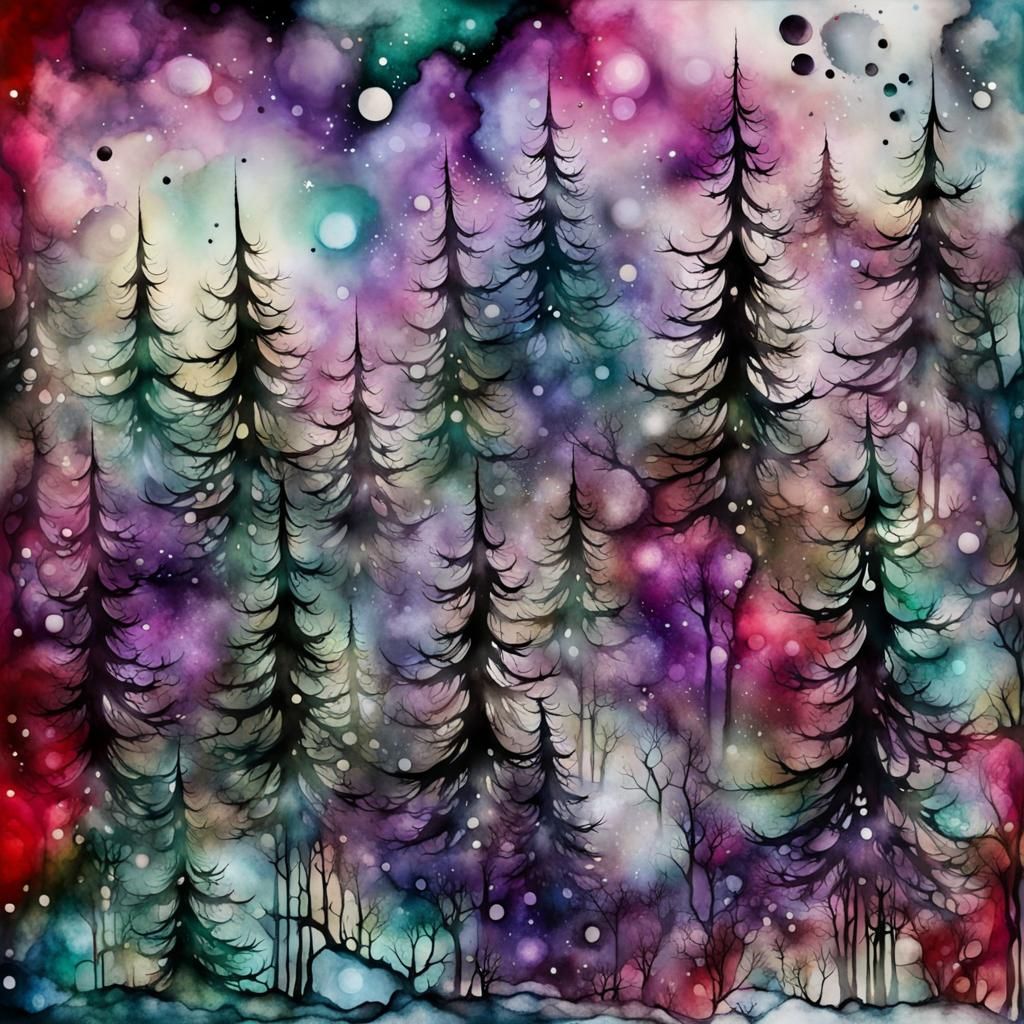 Whimsical Christmas Wild Hunt Alcohol Ink Art