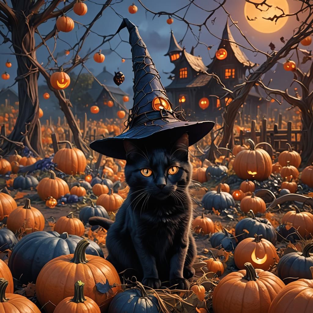 Black Cat in Pumpkin Patch: Fantasy Concept Art