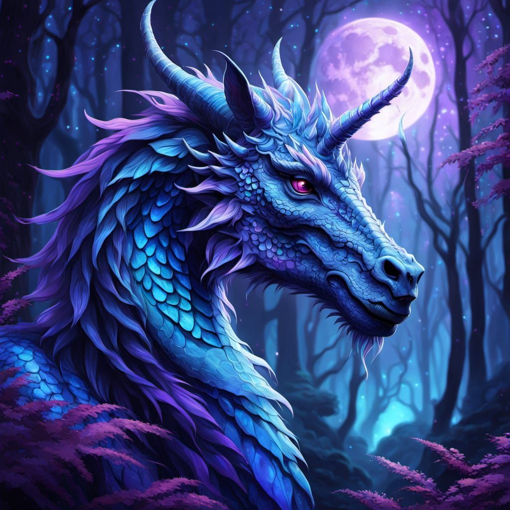 Mythic Blue Unicorn-Dragon Hybrid in Dreamy, Ethereal Forest