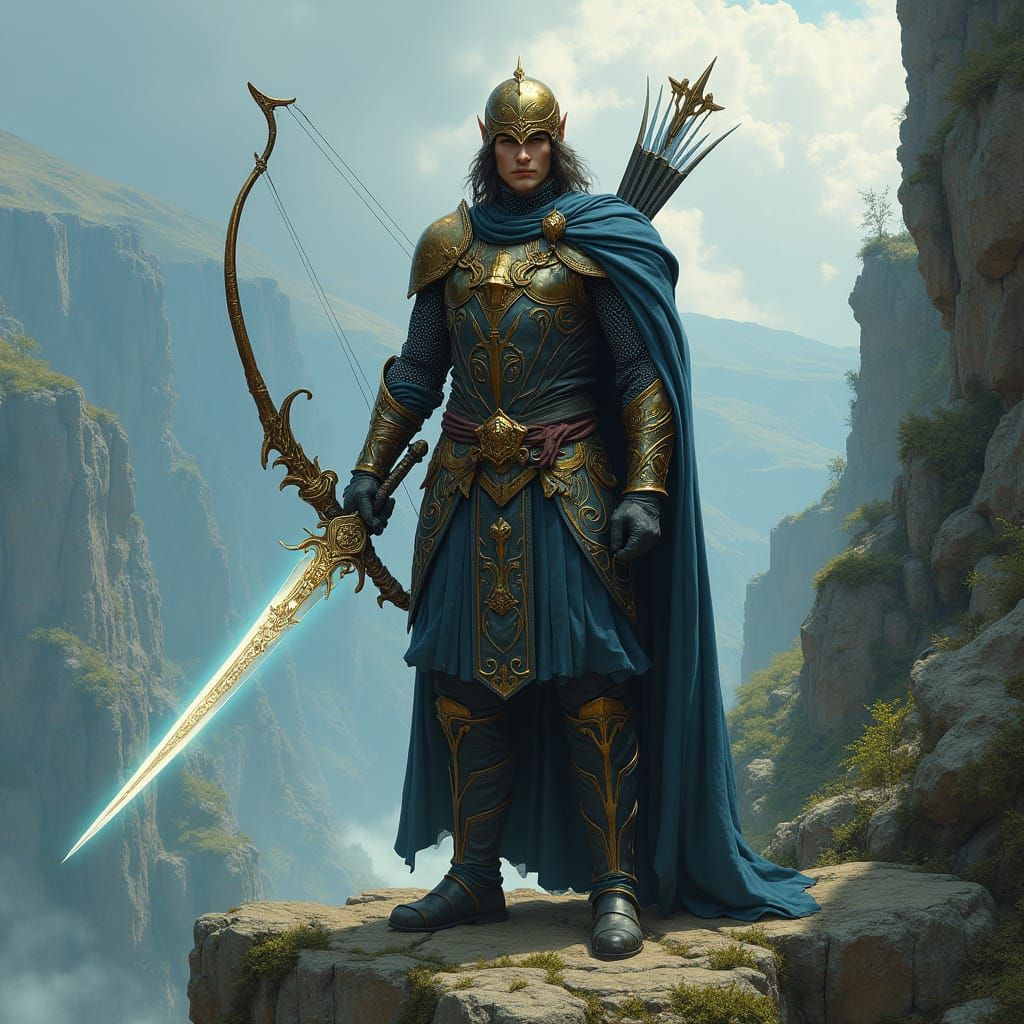 Majestic Half-Elf Archer in Dark Chain Mail Stands on Cliff'...
