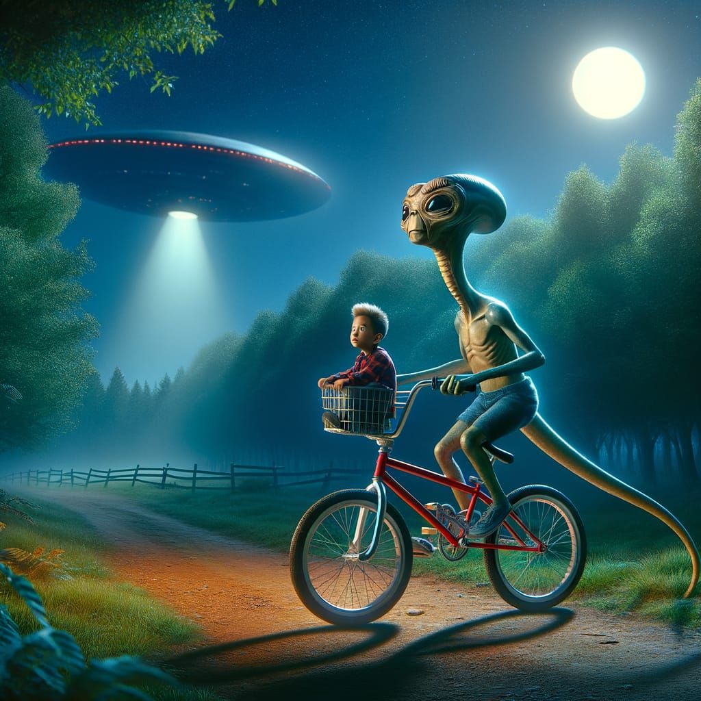 Alien and Boy on BMX Bike Under Moonlight