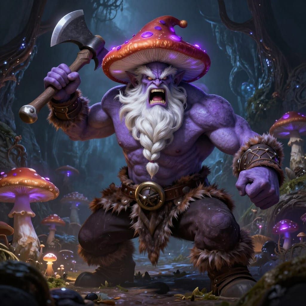 Fierce Purple Gnome Warrior Charging with Axes in Underdark