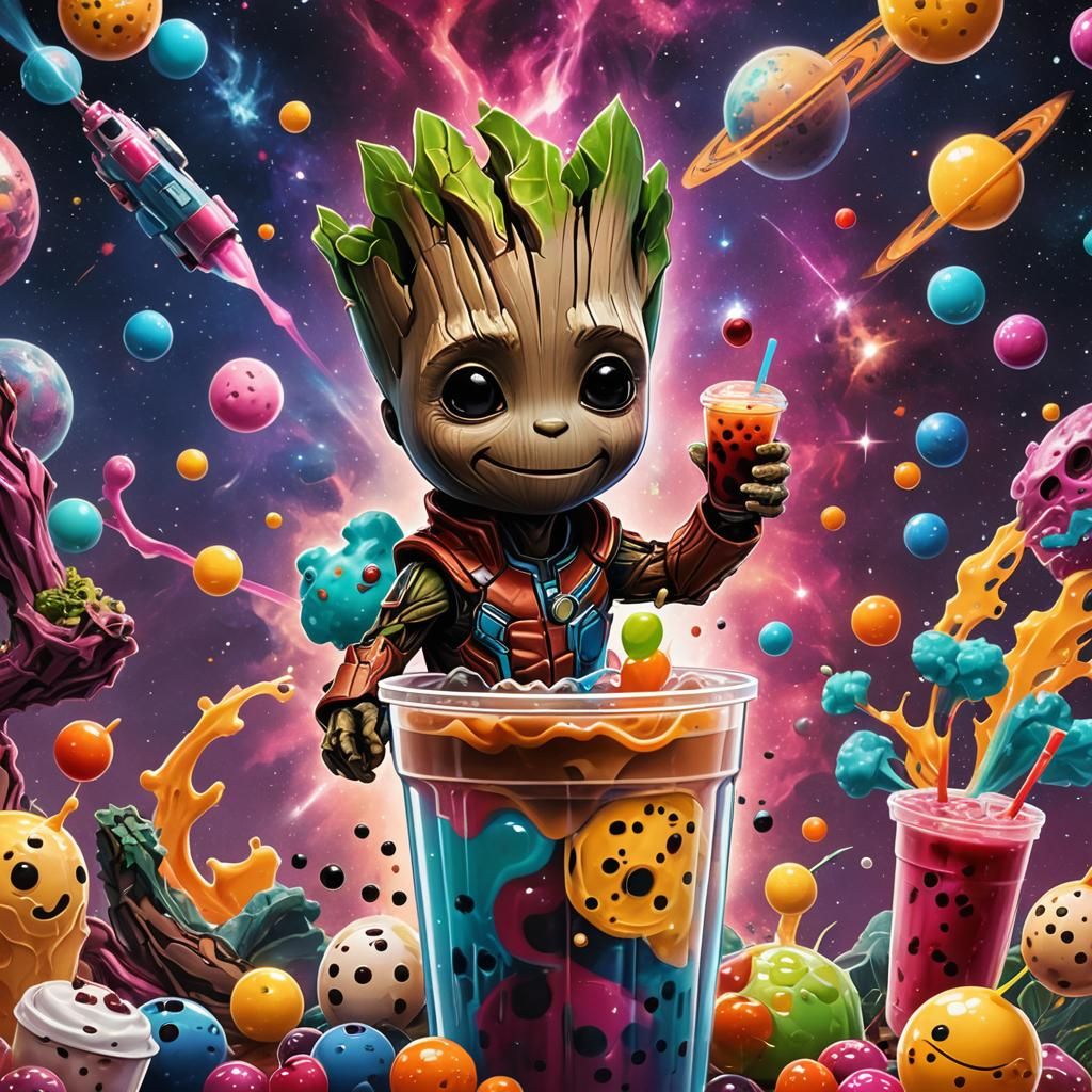 Pop art styled poster, playful Baby Groot character sipping ...