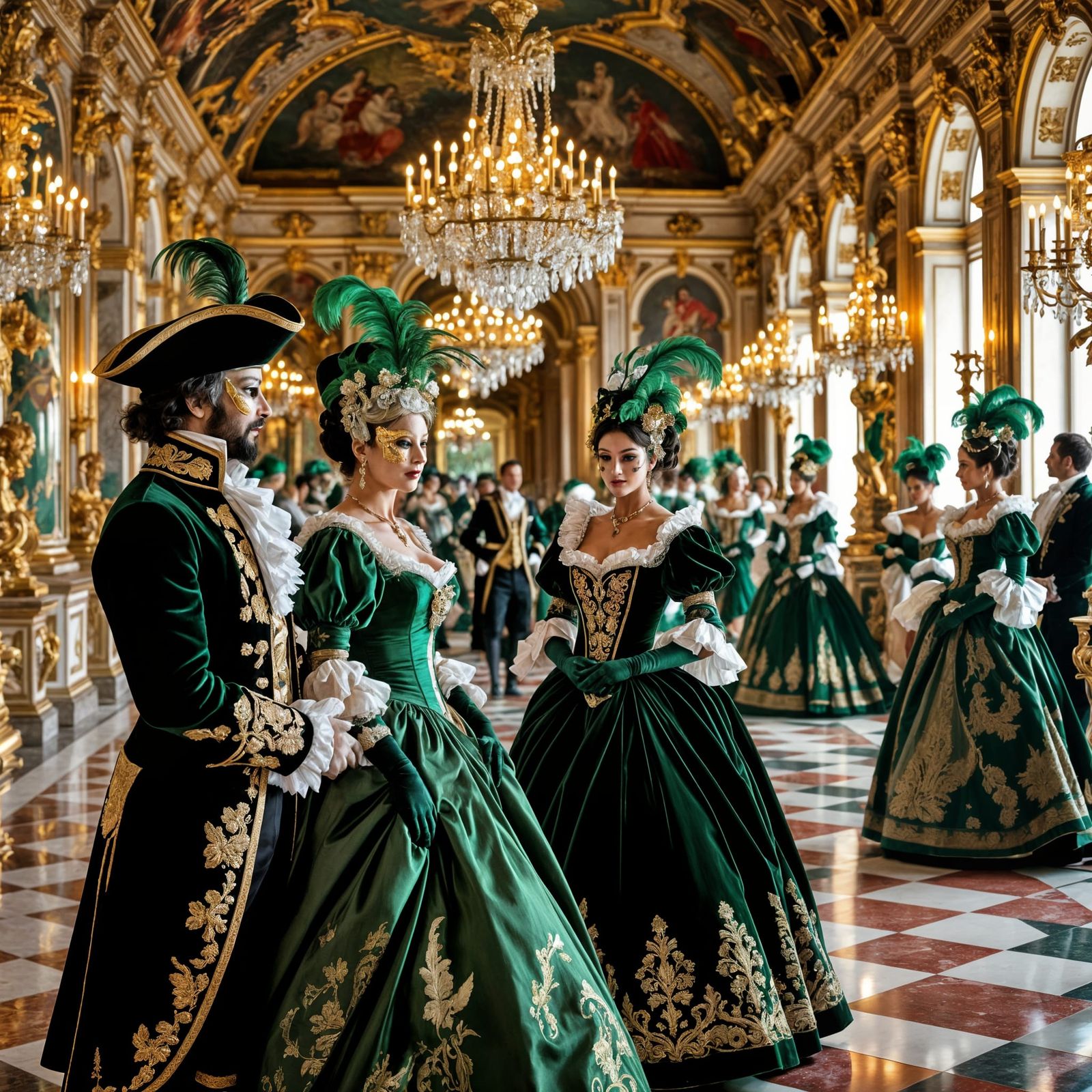 Rococo Venetian Carnival in Opulent Ballroom