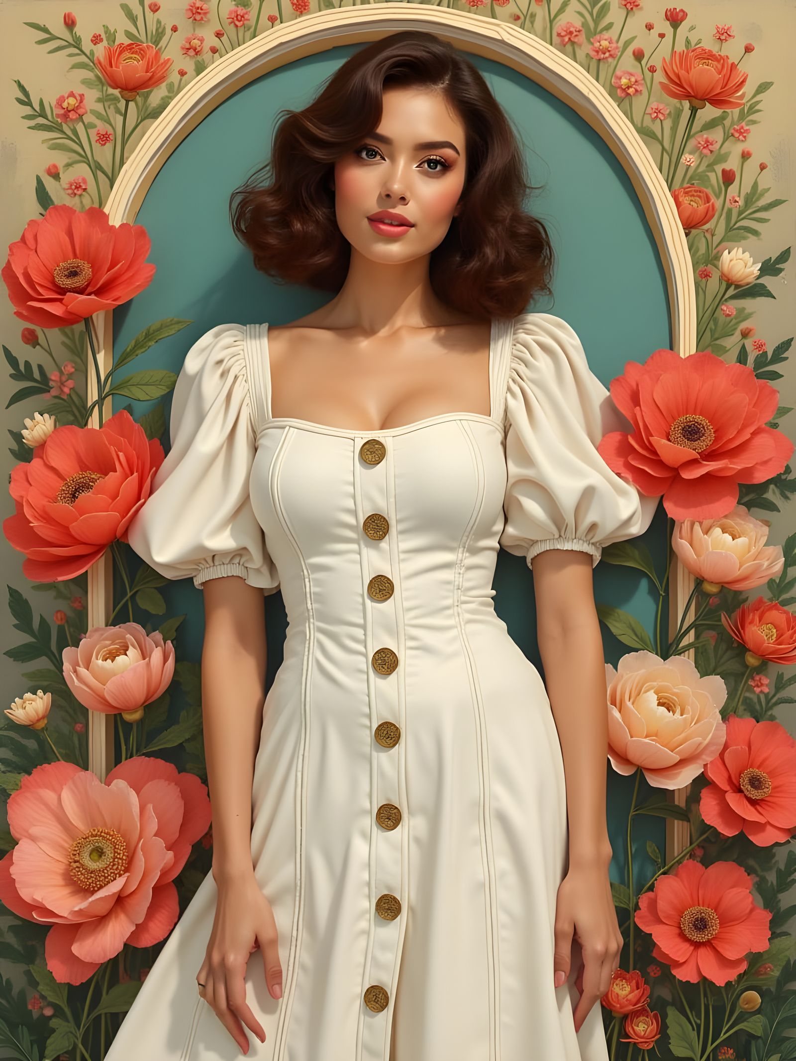 Curvy Woman in Denim Dress, Art Nouveau Style