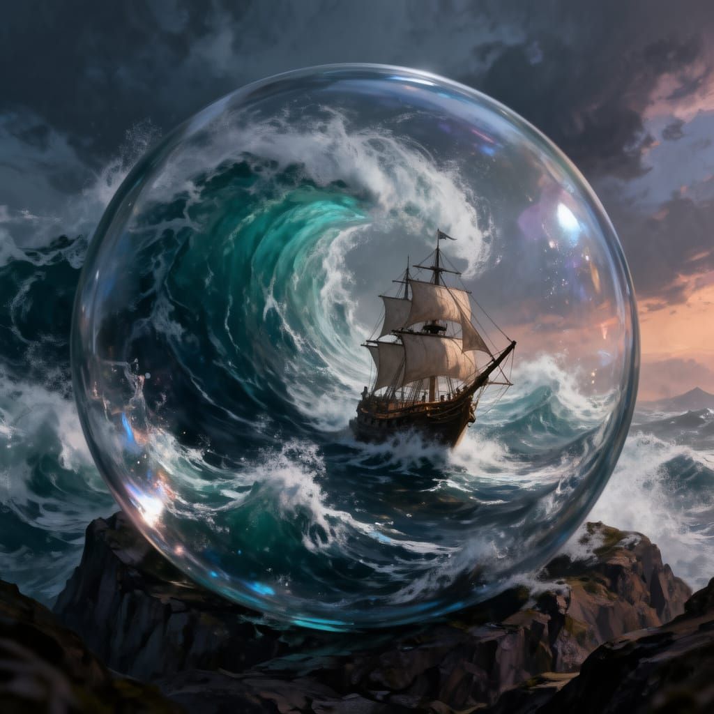 Glass Orb Ocean Storm with Sailing Ship