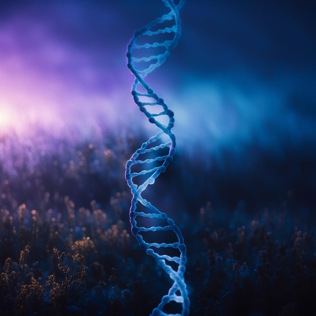 Ethereal DNA Helix in Misty, Moody Landscape