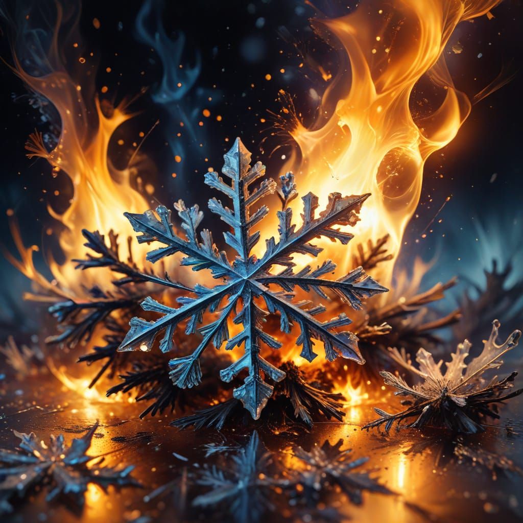 Burning Snowflake Macro Photography in Oil Painting Style