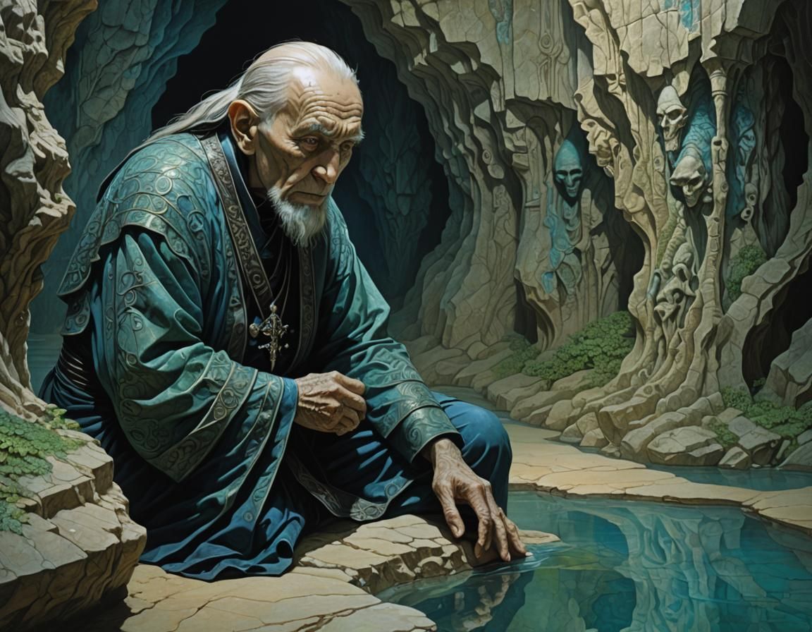 Eldritch Priest Listening in Limestone Cave