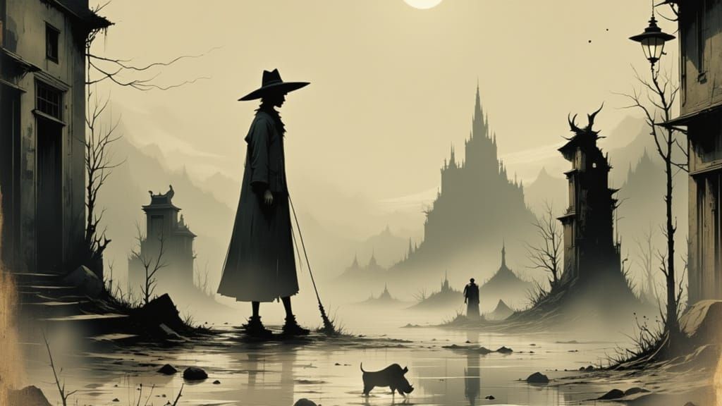 Wanderer Encounters Strange Figure in Melting City