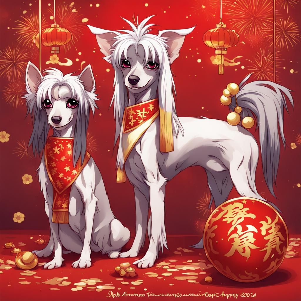 Chinese Crested Dogs Celebrate New Year in Anime Style