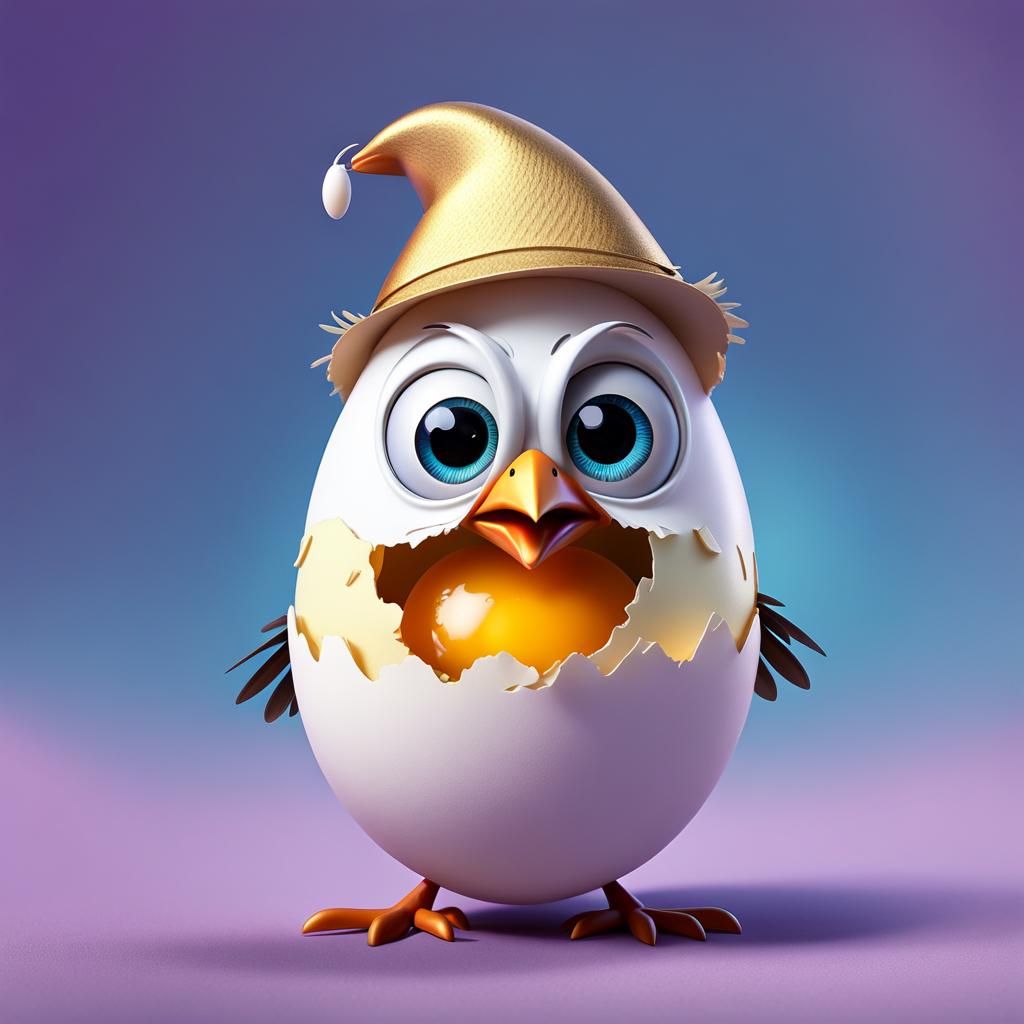 An image of funny, silly, skinny, gawky, dopey baby bird, Googly Eyes just emerging from an upright egg