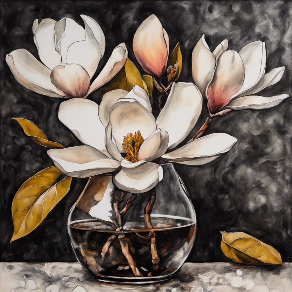 Magnolia Flowers in Vase: Neo-Impressionist Ink Drawing
