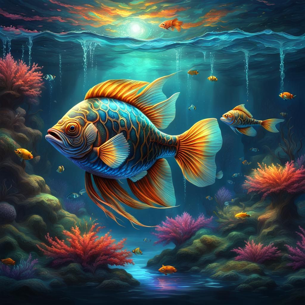 Psychedelic Bioluminescent Fish in Deep Water