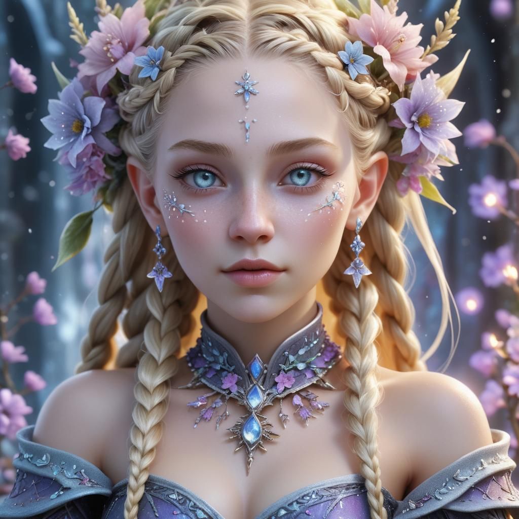 Enchanting Sorceress Conjuring Ice Flowers: Digital Art