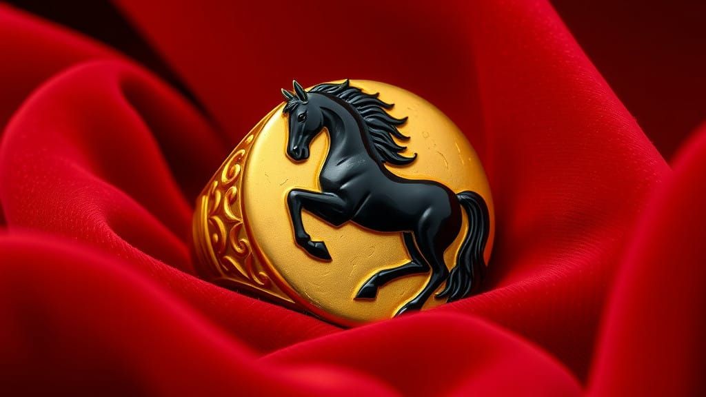 Golden Ring Adorned with Black Onyx Horse on Crimson Velvet