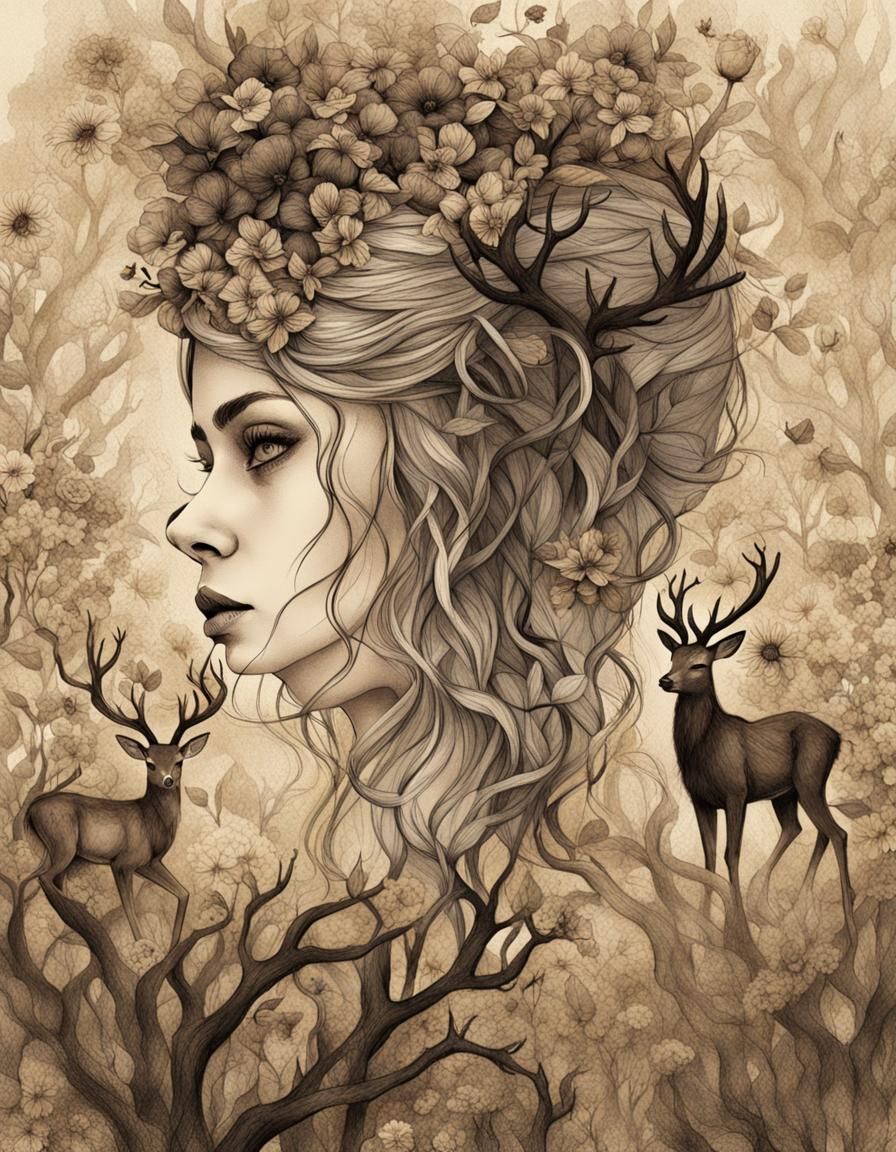Pagan Woman with Roots, Birds and Deer