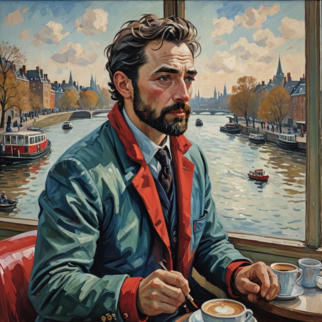 Man Sipping Coffee in Cafe: Neo-Impressionist Oil Painting