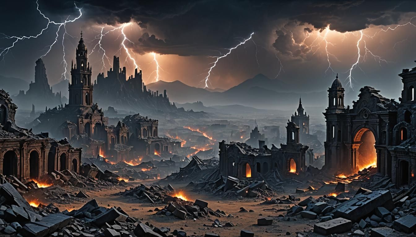 Eerie Blue Glow Over Ruined Cityscape