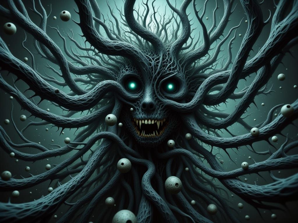 Bioluminescent Figure in Surreal, Gloomy Alien Landscape