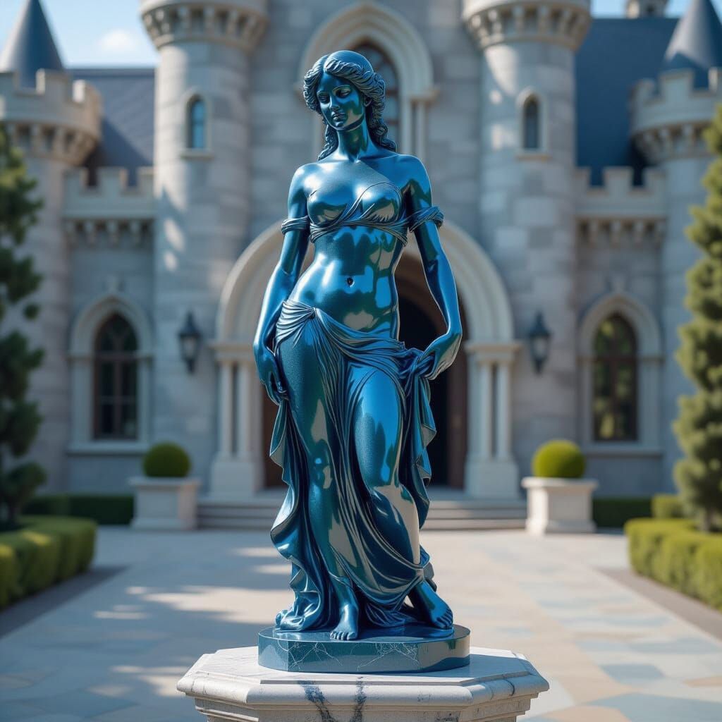 Blue Marble Nymph Statue in Fantasy Castle Courtyard