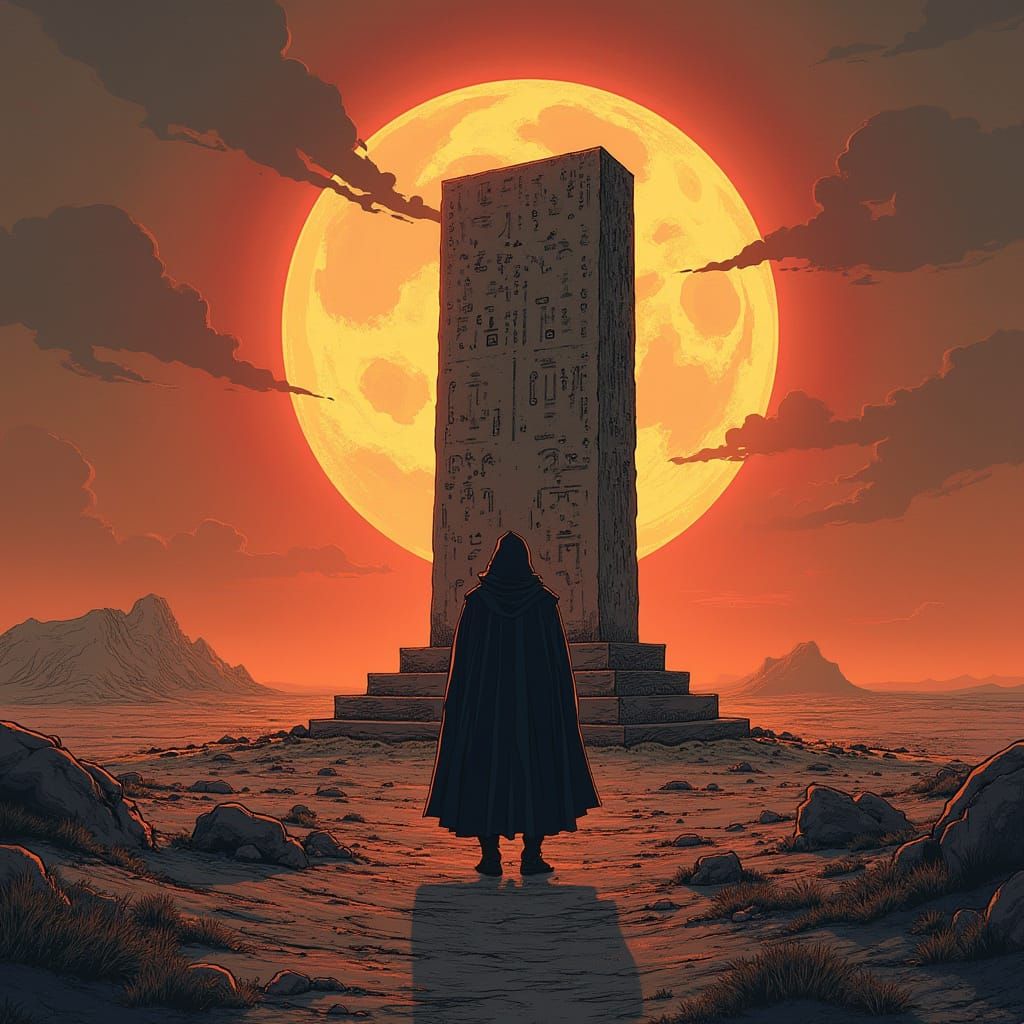 Mysterious Figure Before Alien Monolith in Dark Comic Style