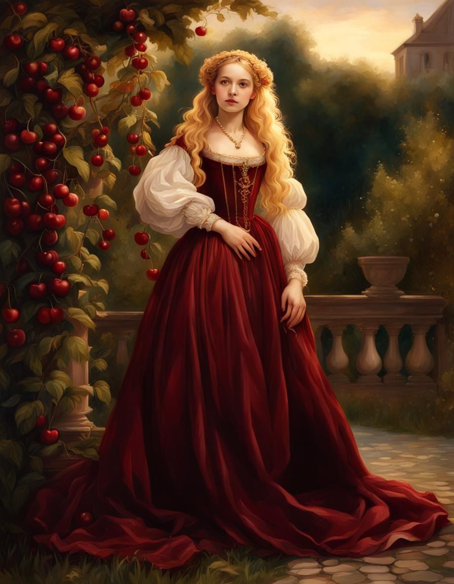 Renaissance Girl in Red Gown in Cherry Garden