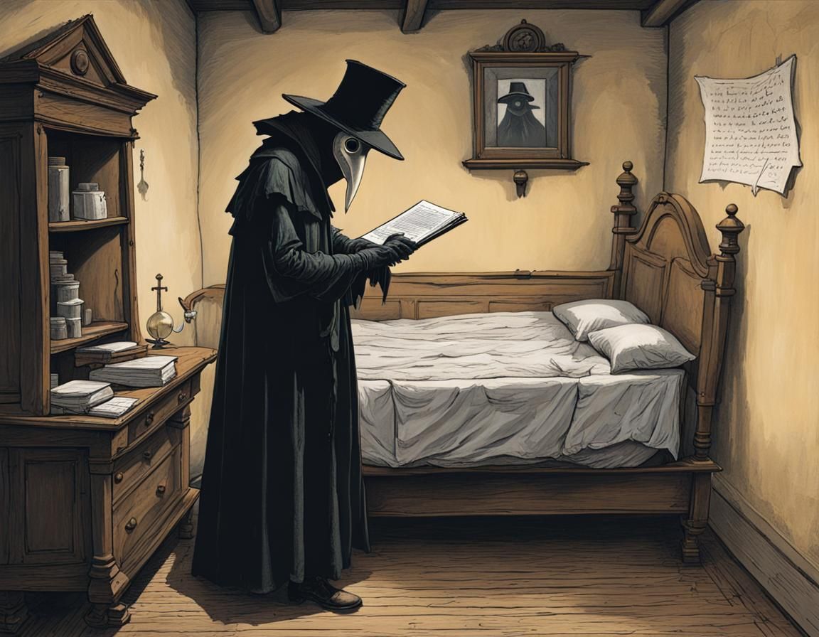 Sinister Plague Doctor Writing in Book