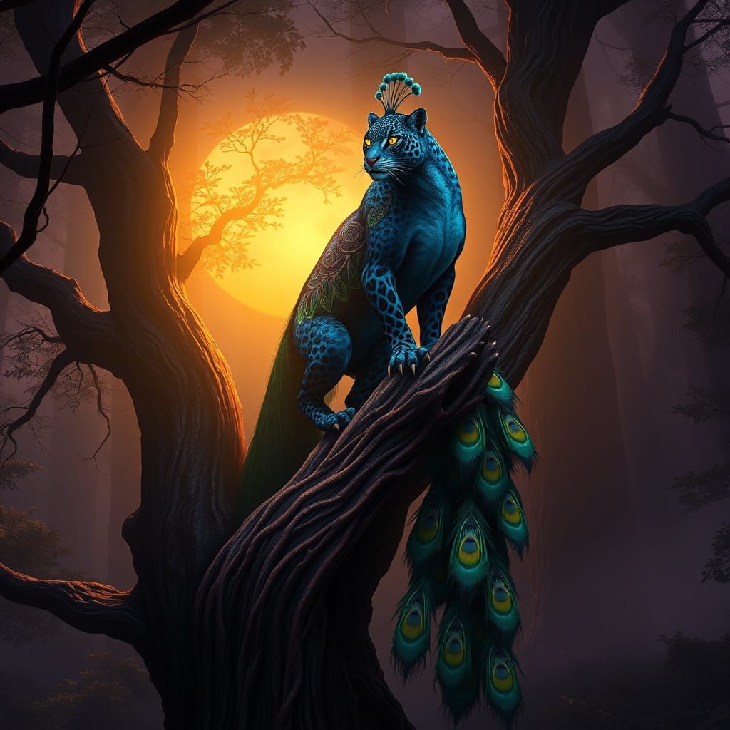 Dark Fantasy Jaguar Peacock Hybrid Conquers Ancient Tree