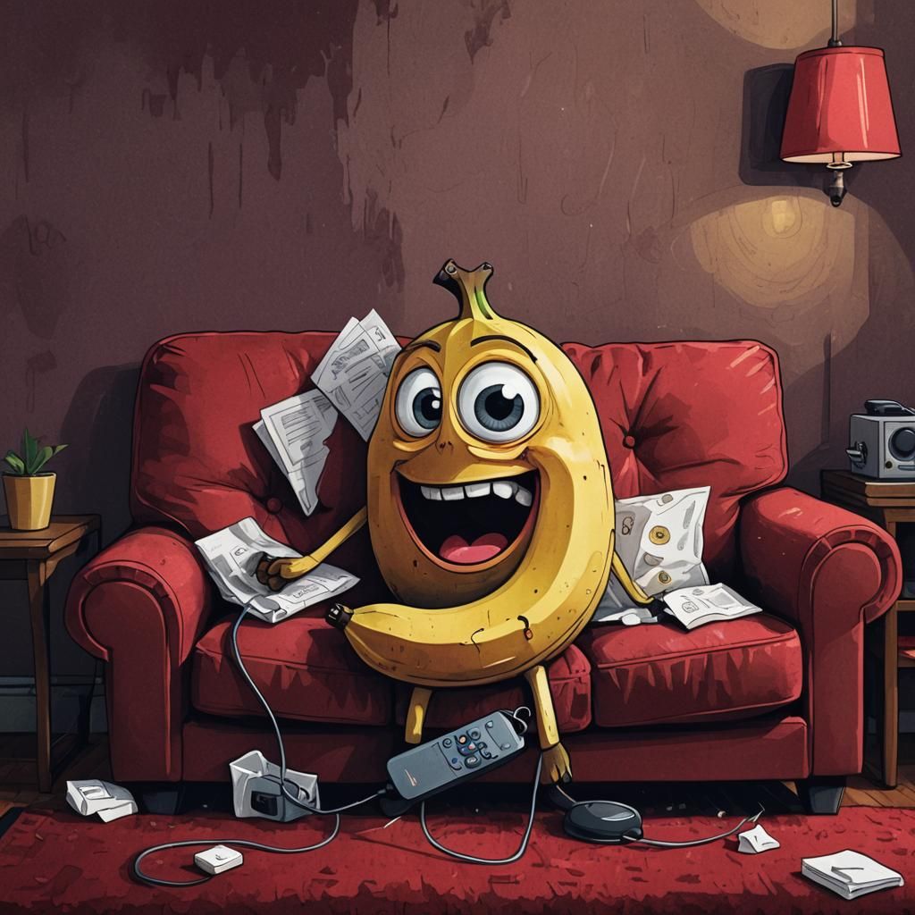 Crying Banana on Couch in Cartoon Illustration