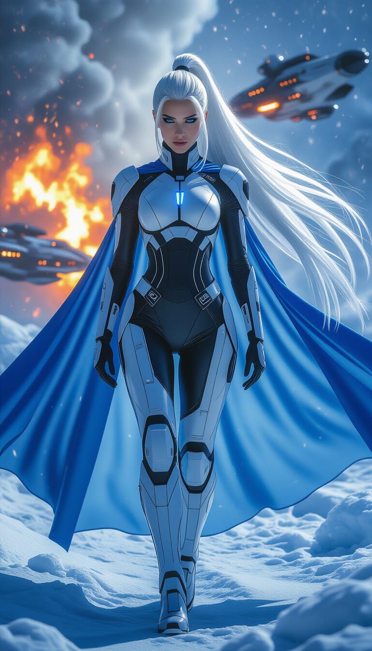 Futuristic Cybernetic Woman with White Hair in Icy Landscape