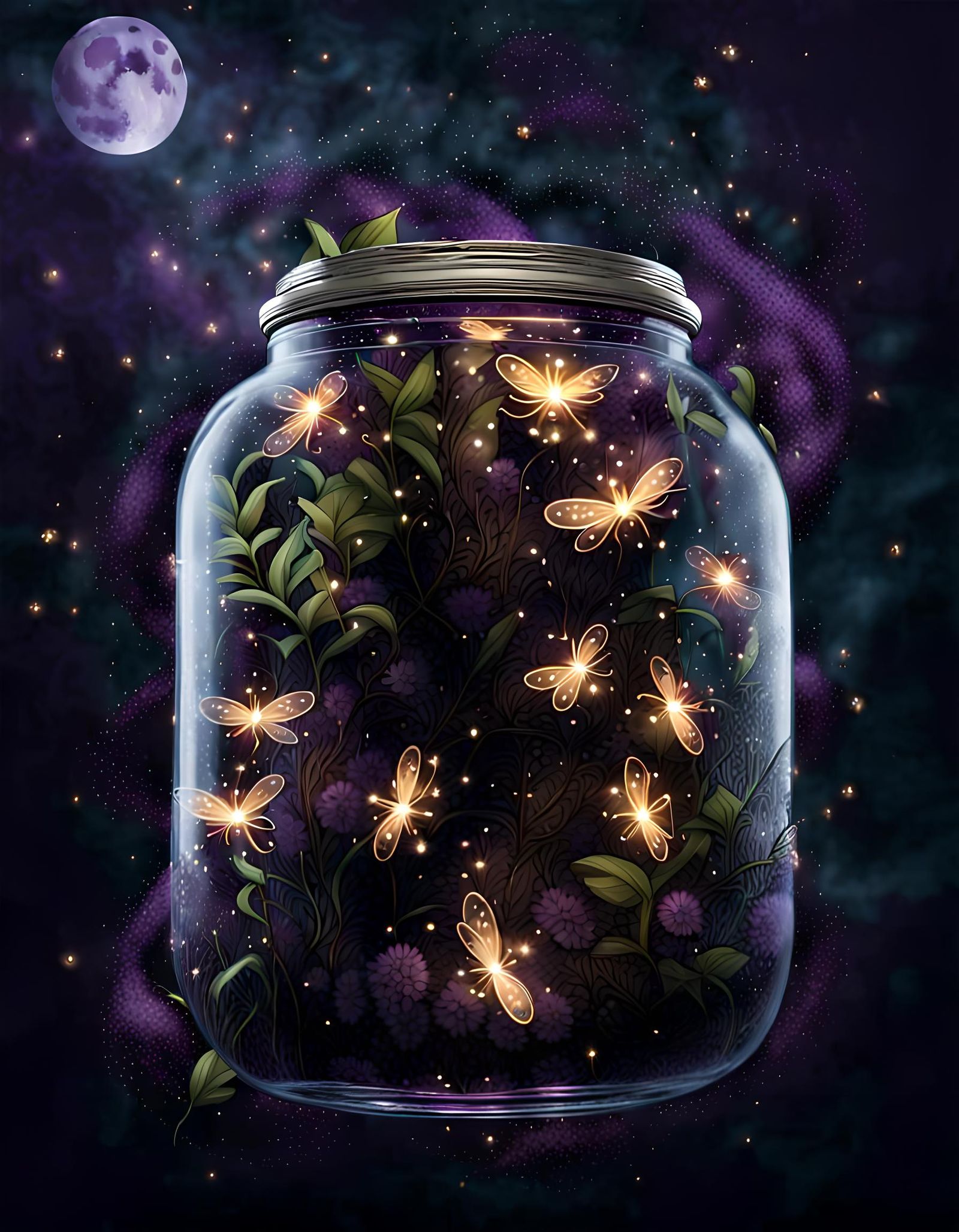 Glowing Fireflies and Vegetation in Suspended Jar