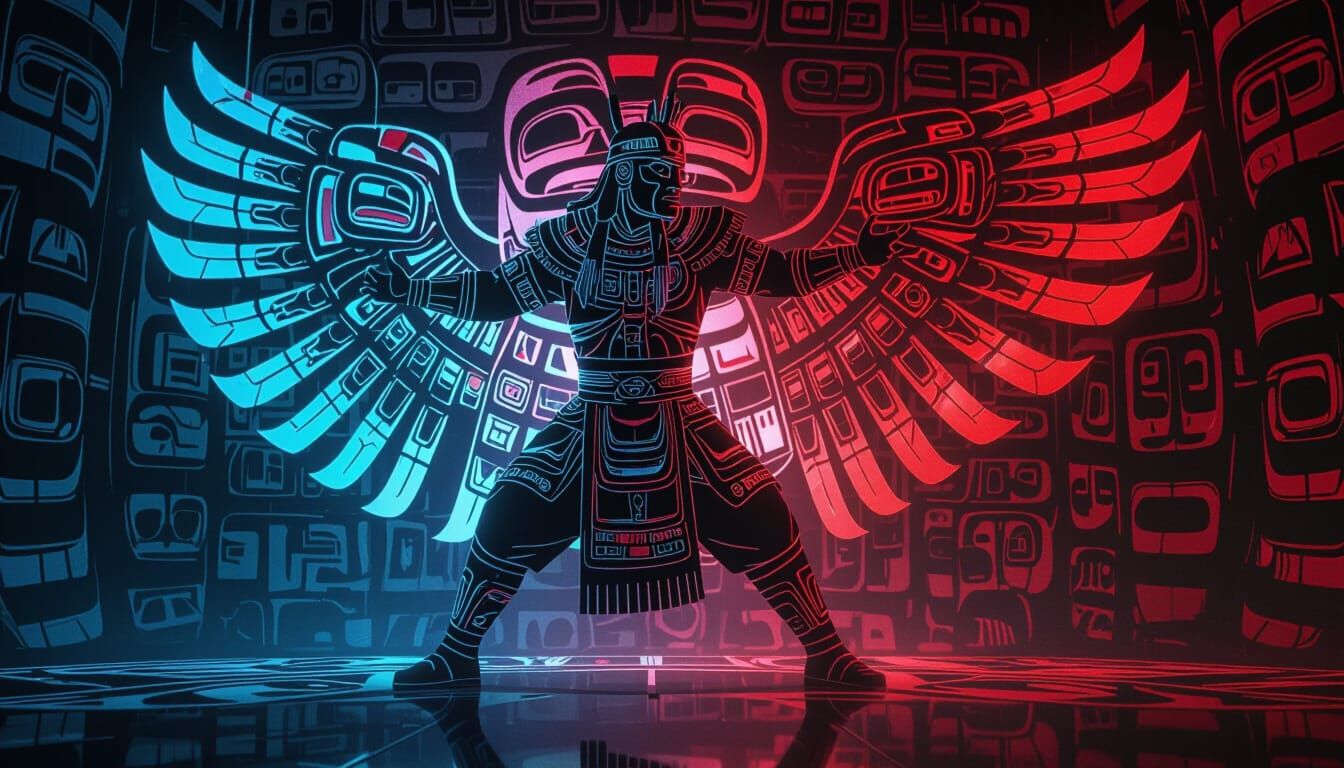 Tlingit Epic Hero Holographic Display in Red and Blue