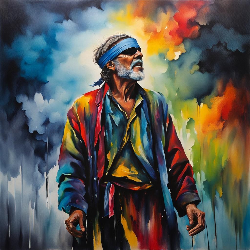 Blindfolded Beggar Gazing Skyward: Watercolour Painting