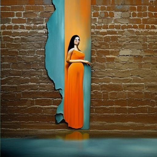 Surreal Woman Melts Against Brick Wall, Dali Style